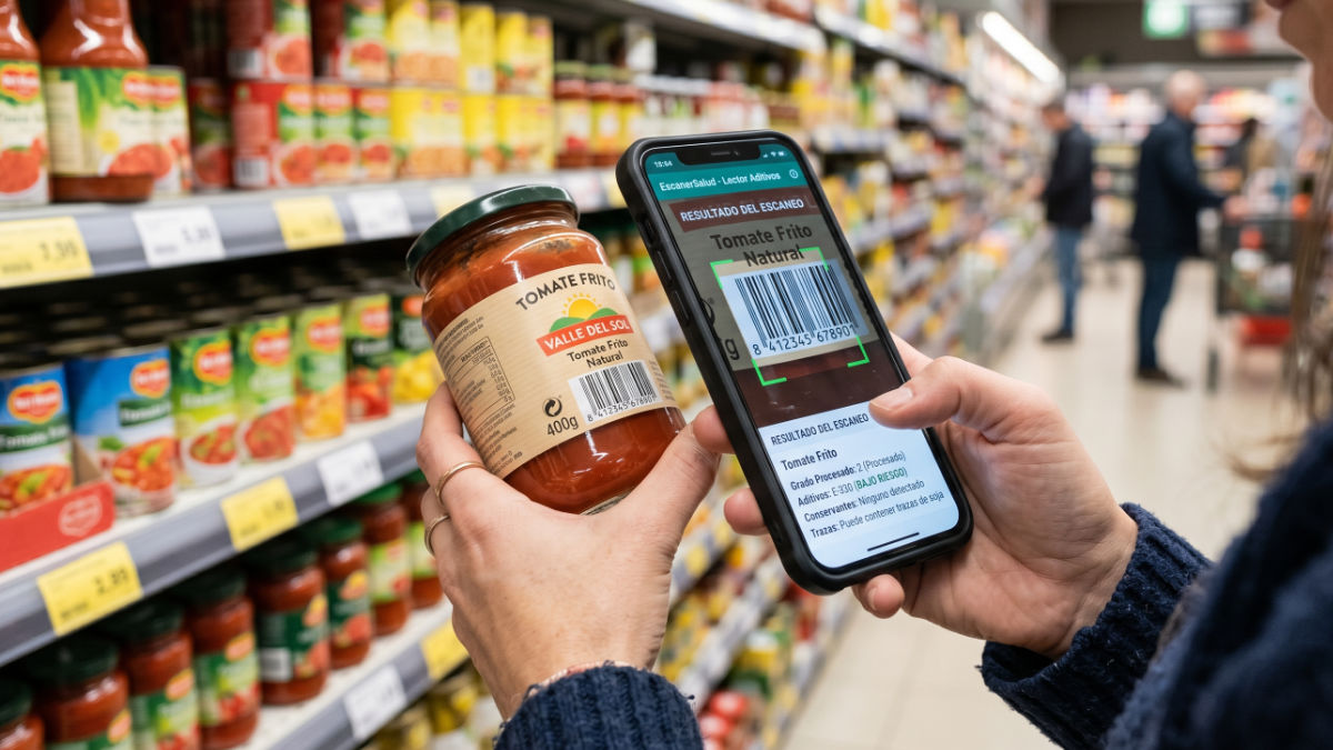 usuario usando app LACTUS para escanear aditivos en el supermercado.